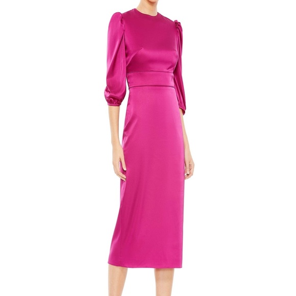 Mac Duggal | High Neckline ¾ Sleeve Satin Midi Dress - Picture 1 of 5